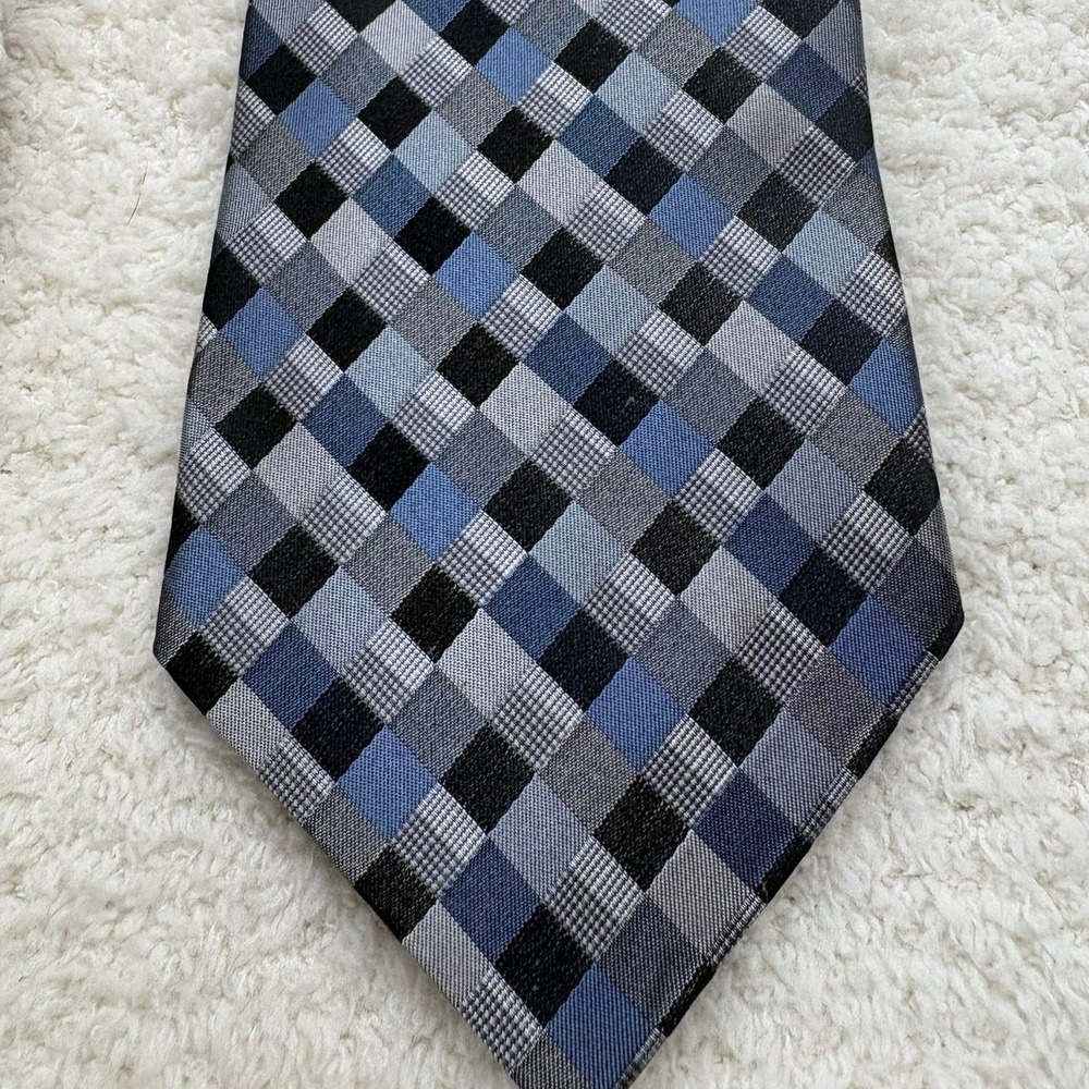 Paul Dione Necktie Tie Mens Blue Grey Excellent Checkered Silk X-Long RN 114831